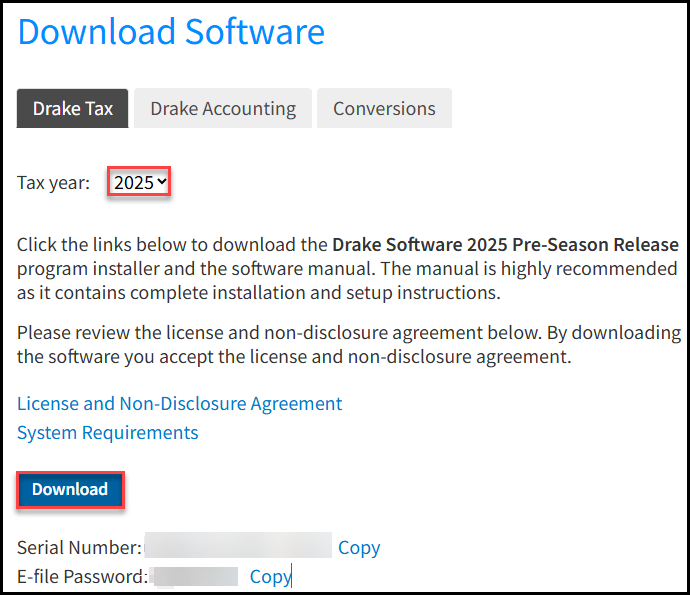 Image of tax year drop list and download button on the Drake Support website. Image of tax year drop list and download button on the Drake Support website.